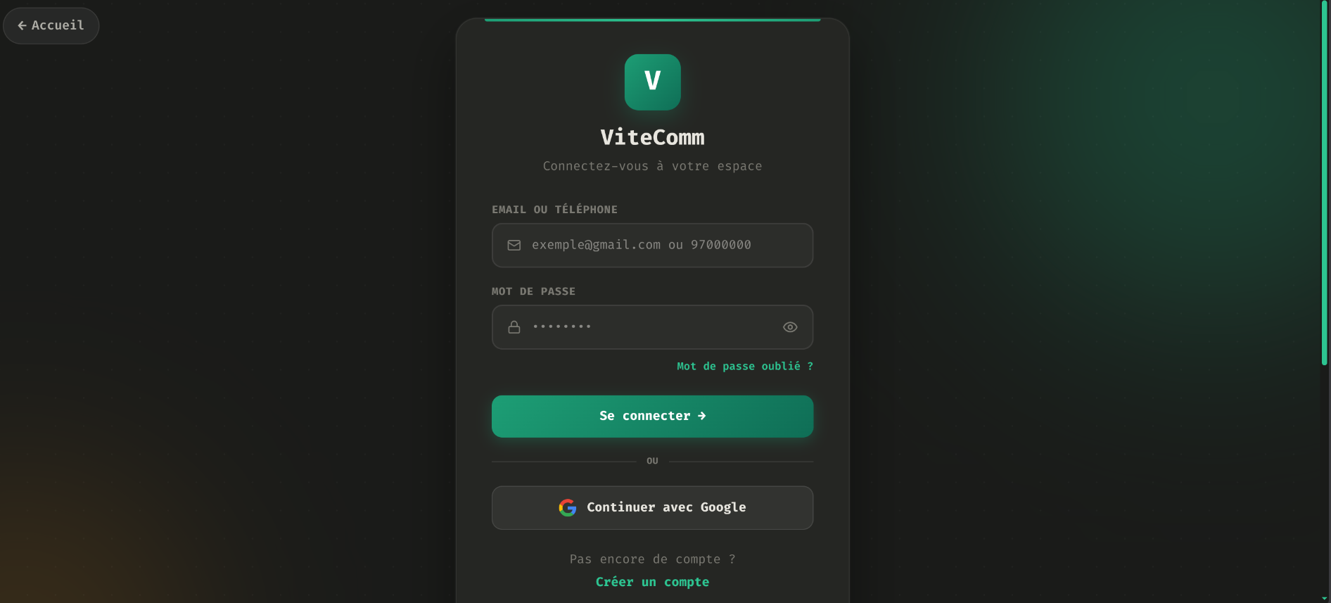 ViteComm Login Interface